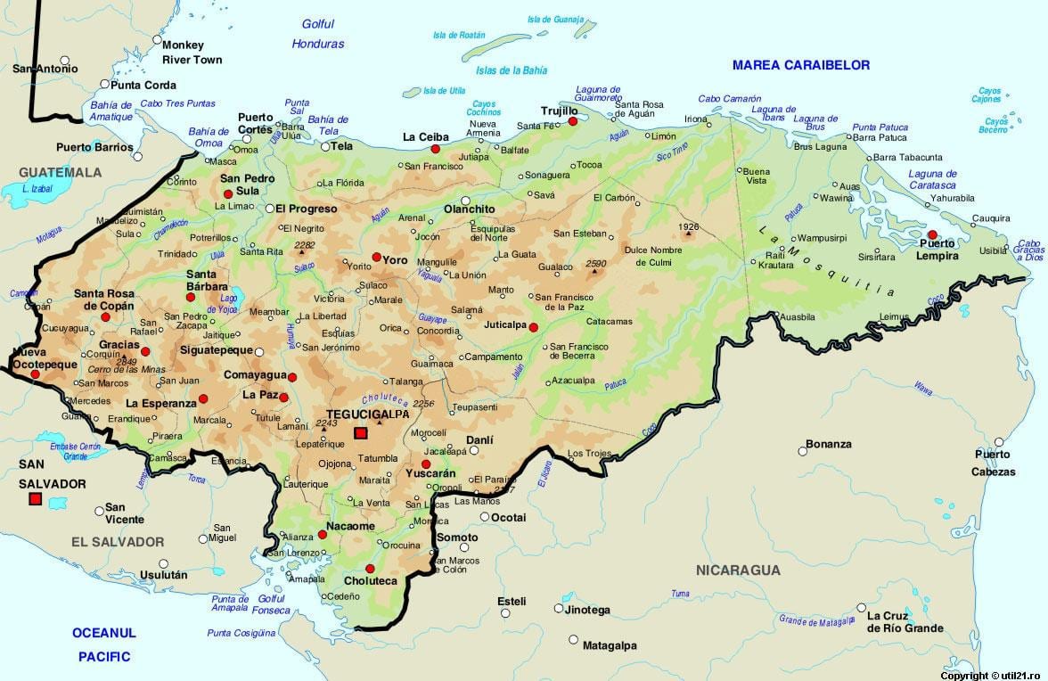 карта на Хондурас и околните земји