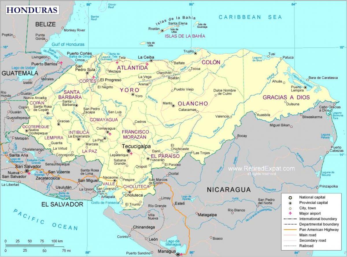 карта на политичката карта на Хондурас