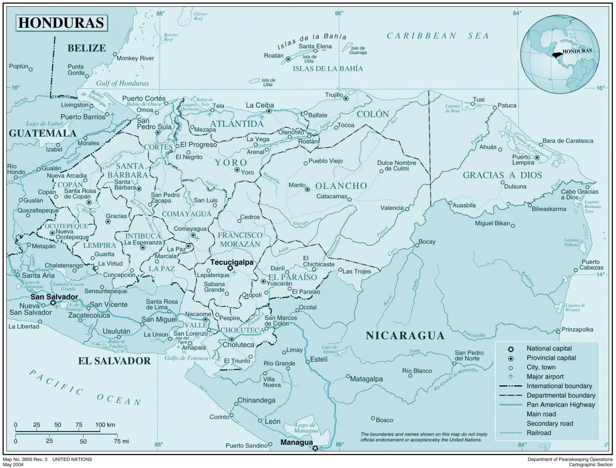 карта на физичка карта на Хондурас